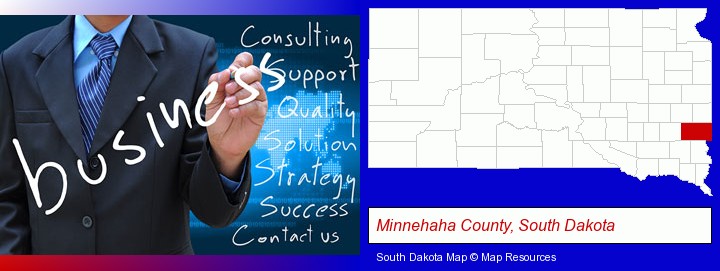 typical business services and concepts; Minnehaha County, South Dakota highlighted in red on a map