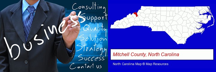typical business services and concepts; Mitchell County, North Carolina highlighted in red on a map