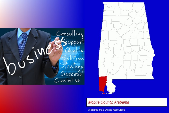 typical business services and concepts; Mobile County, Alabama highlighted in red on a map