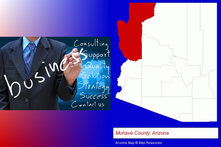 typical business services and concepts; Mohave County, Arizona highlighted in red on a map
