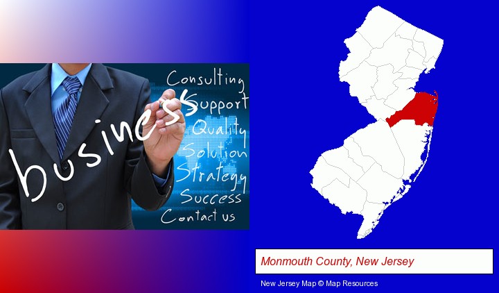 typical business services and concepts; Monmouth County, New Jersey highlighted in red on a map