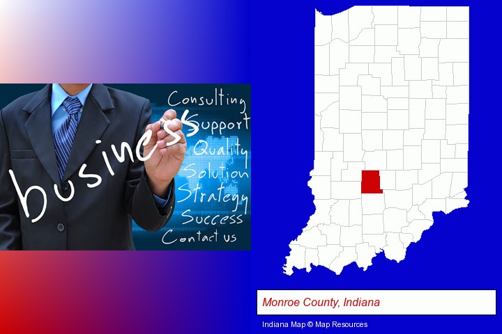 typical business services and concepts; Monroe County, Indiana highlighted in red on a map