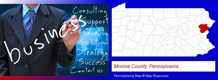 typical business services and concepts; Monroe County, Pennsylvania highlighted in red on a map