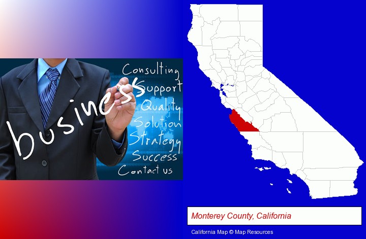typical business services and concepts; Monterey County, California highlighted in red on a map