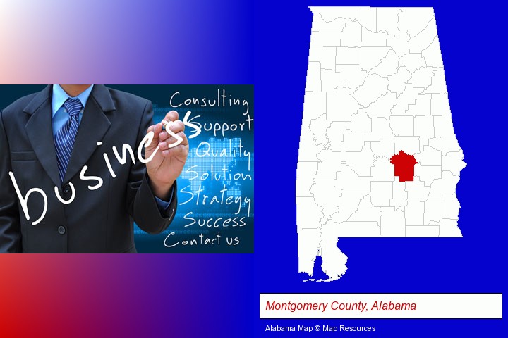 typical business services and concepts; Montgomery County, Alabama highlighted in red on a map