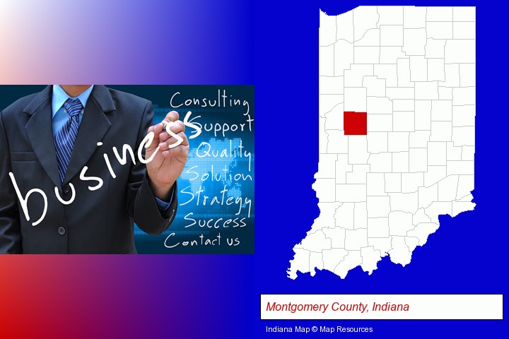 typical business services and concepts; Montgomery County, Indiana highlighted in red on a map