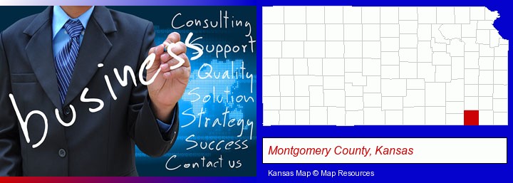 typical business services and concepts; Montgomery County, Kansas highlighted in red on a map