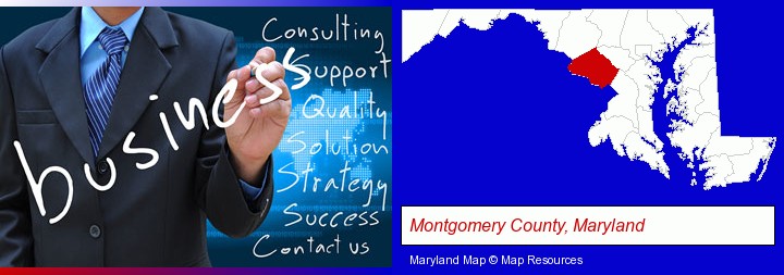 typical business services and concepts; Montgomery County, Maryland highlighted in red on a map