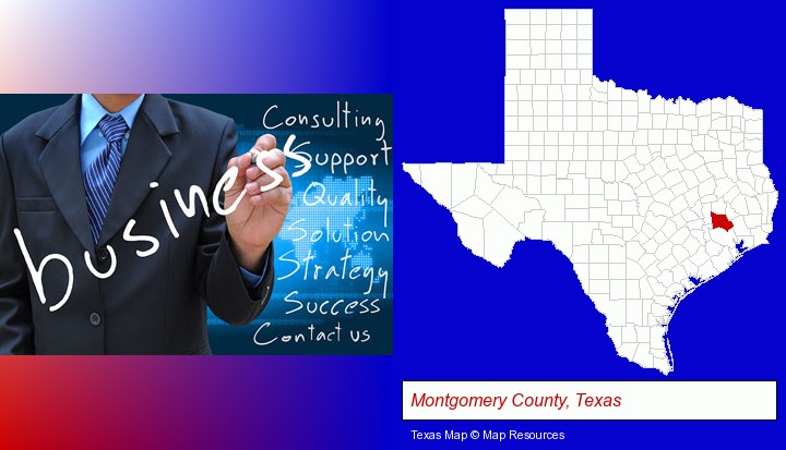 typical business services and concepts; Montgomery County, Texas highlighted in red on a map