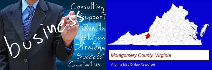 typical business services and concepts; Montgomery County, Virginia highlighted in red on a map