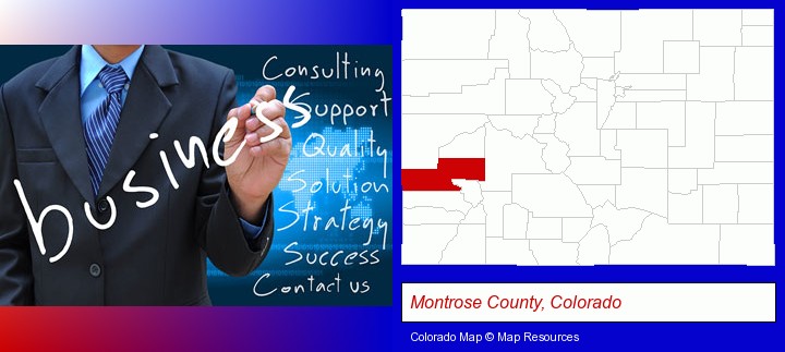 typical business services and concepts; Montrose County, Colorado highlighted in red on a map