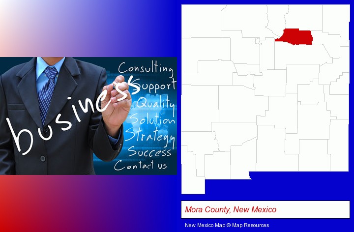 typical business services and concepts; Mora County, New Mexico highlighted in red on a map