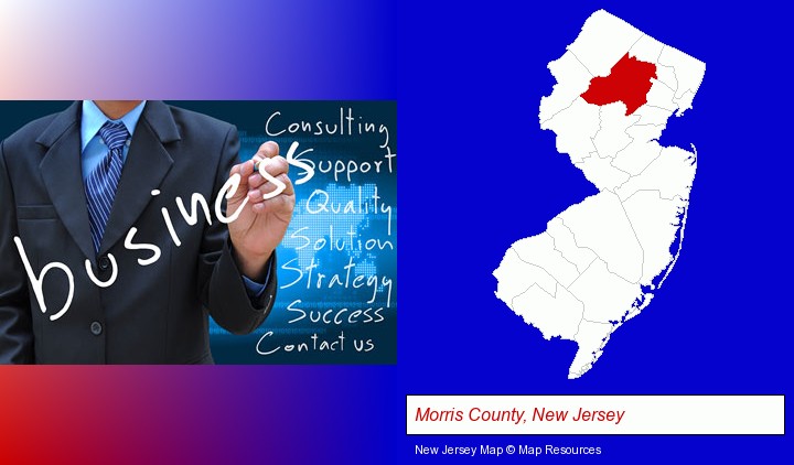 typical business services and concepts; Morris County, New Jersey highlighted in red on a map