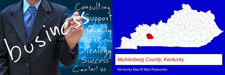 typical business services and concepts; Muhlenberg County, Kentucky highlighted in red on a map