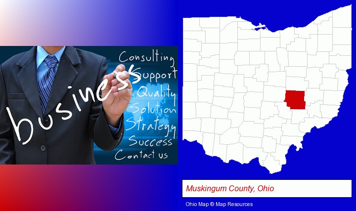 typical business services and concepts; Muskingum County, Ohio highlighted in red on a map