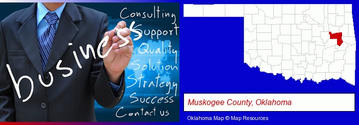 typical business services and concepts; Muskogee County, Oklahoma highlighted in red on a map