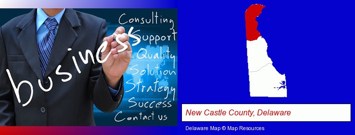 typical business services and concepts; New Castle County, Delaware highlighted in red on a map