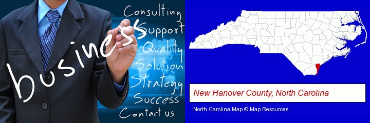 typical business services and concepts; New Hanover County, North Carolina highlighted in red on a map