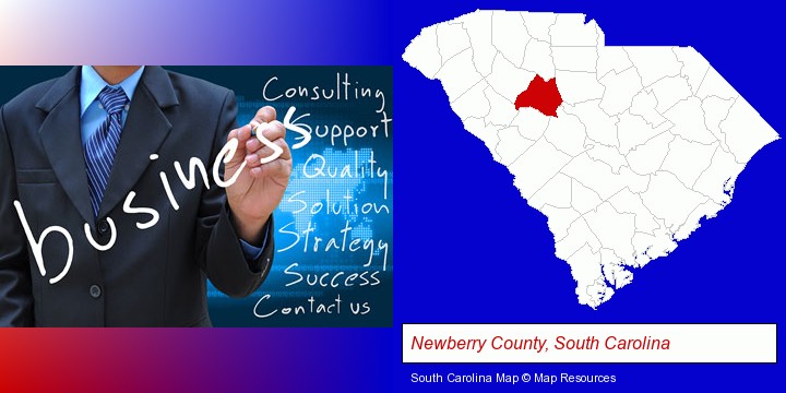 typical business services and concepts; Newberry County, South Carolina highlighted in red on a map
