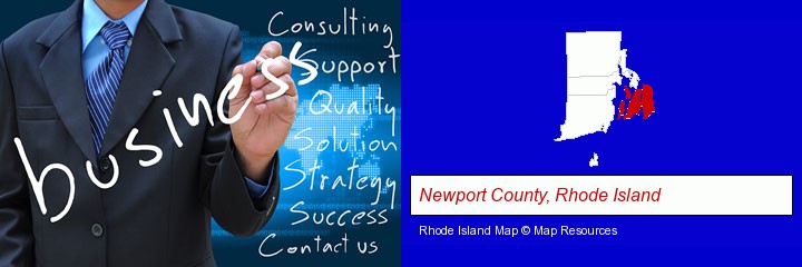 typical business services and concepts; Newport County, Rhode Island highlighted in red on a map