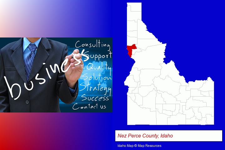 typical business services and concepts; Nez Perce County, Idaho highlighted in red on a map
