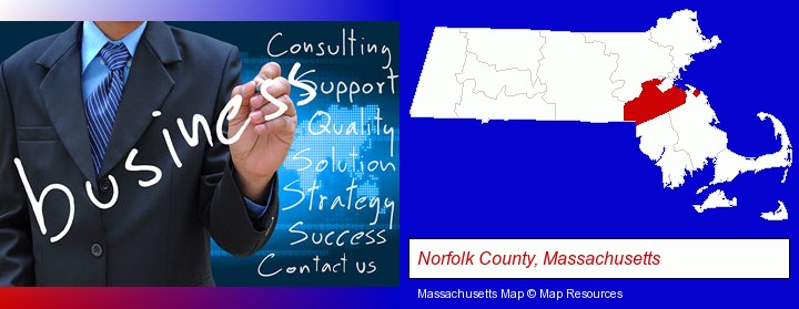 typical business services and concepts; Norfolk County, Massachusetts highlighted in red on a map