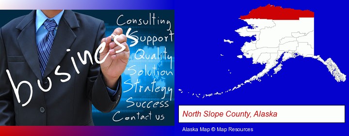 typical business services and concepts; North Slope County, Alaska highlighted in red on a map