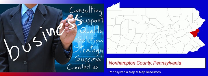 typical business services and concepts; Northampton County, Pennsylvania highlighted in red on a map