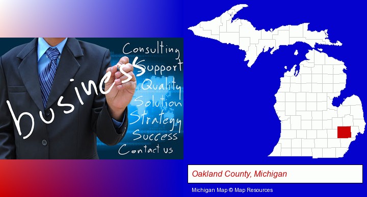 typical business services and concepts; Oakland County, Michigan highlighted in red on a map