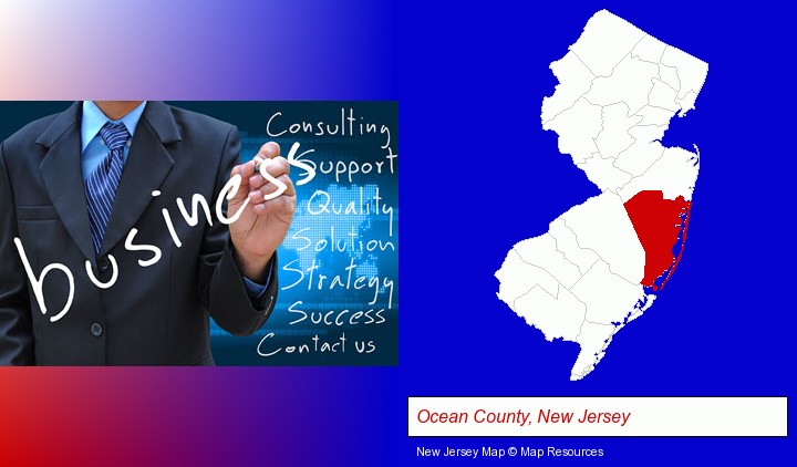 typical business services and concepts; Ocean County, New Jersey highlighted in red on a map