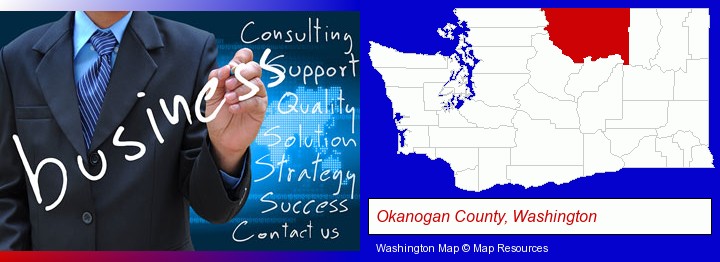 typical business services and concepts; Okanogan County, Washington highlighted in red on a map