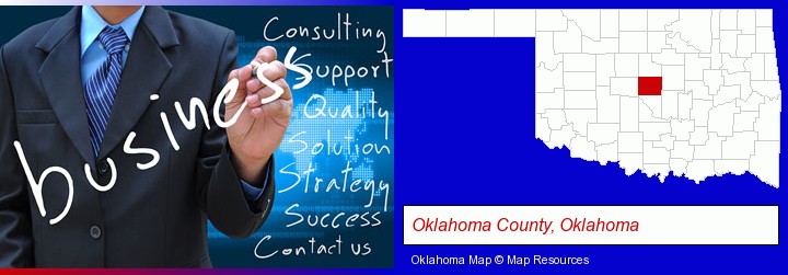 typical business services and concepts; Oklahoma County, Oklahoma highlighted in red on a map