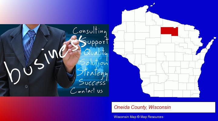 typical business services and concepts; Oneida County, Wisconsin highlighted in red on a map