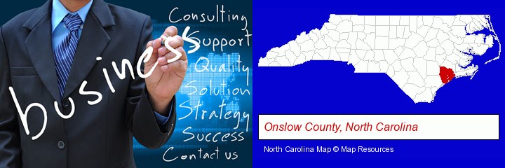 typical business services and concepts; Onslow County, North Carolina highlighted in red on a map