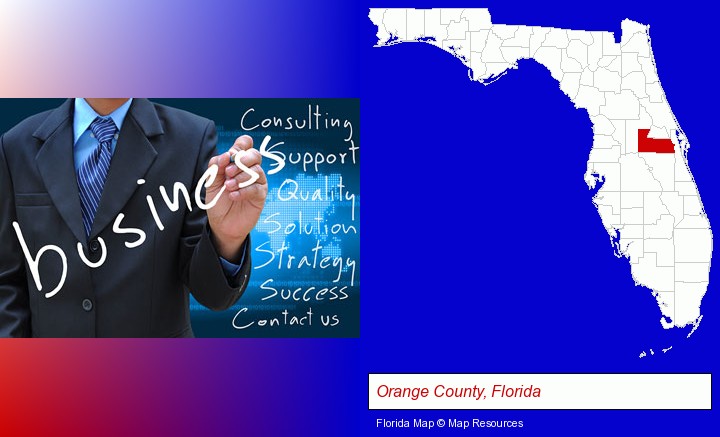 typical business services and concepts; Orange County, Florida highlighted in red on a map
