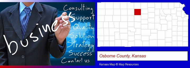 typical business services and concepts; Osborne County, Kansas highlighted in red on a map