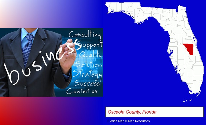 typical business services and concepts; Osceola County, Florida highlighted in red on a map