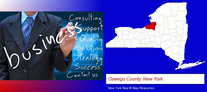 typical business services and concepts; Oswego County, New York highlighted in red on a map