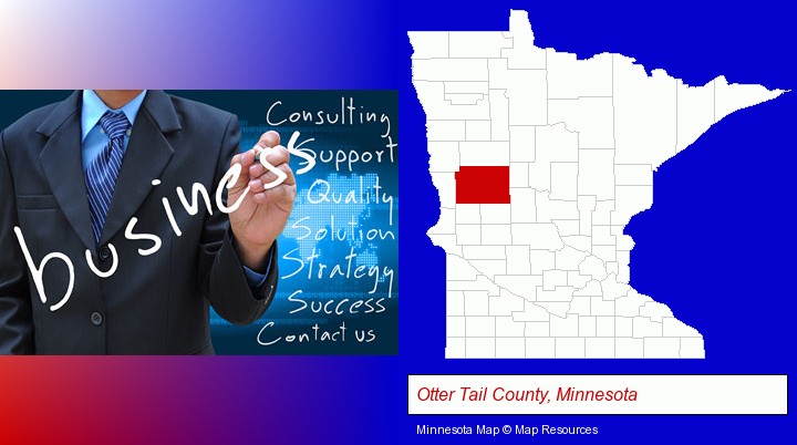 typical business services and concepts; Otter Tail County, Minnesota highlighted in red on a map