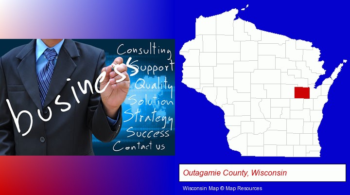 typical business services and concepts; Outagamie County, Wisconsin highlighted in red on a map