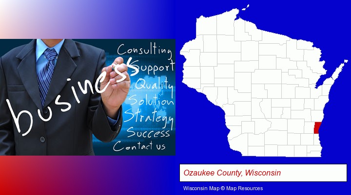 typical business services and concepts; Ozaukee County, Wisconsin highlighted in red on a map