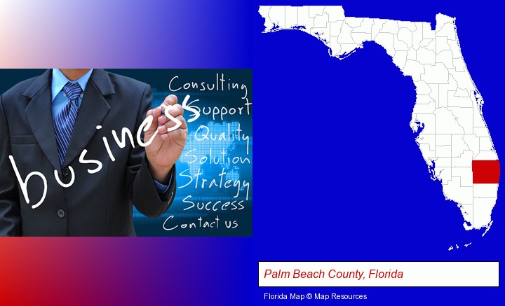 typical business services and concepts; Palm Beach County, Florida highlighted in red on a map
