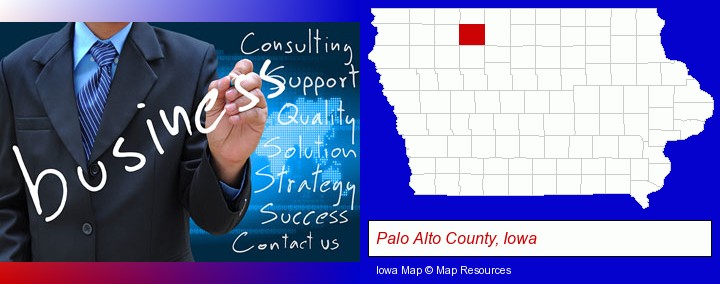 typical business services and concepts; Palo Alto County, Iowa highlighted in red on a map