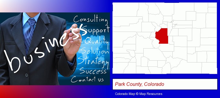 typical business services and concepts; Park County, Colorado highlighted in red on a map