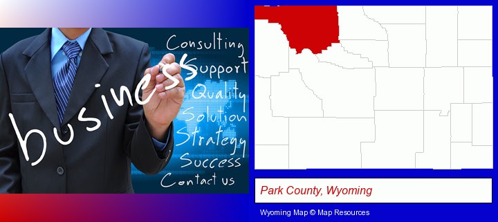typical business services and concepts; Park County, Wyoming highlighted in red on a map