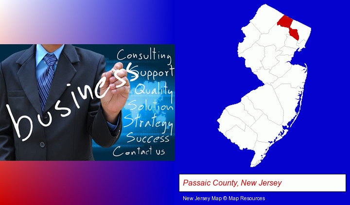 typical business services and concepts; Passaic County, New Jersey highlighted in red on a map