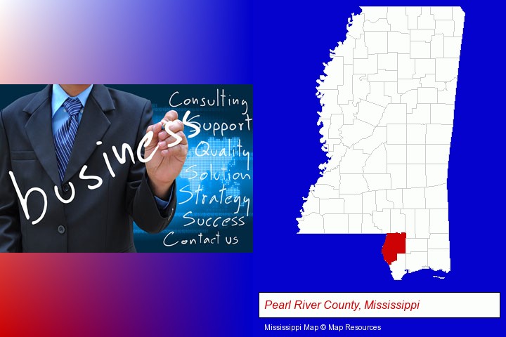 typical business services and concepts; Pearl River County, Mississippi highlighted in red on a map