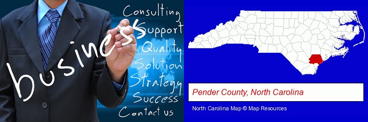 typical business services and concepts; Pender County, North Carolina highlighted in red on a map