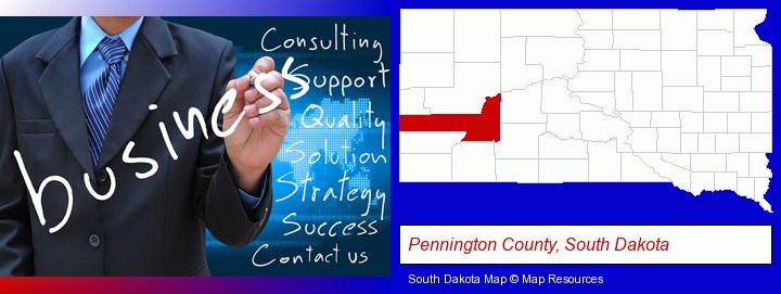 typical business services and concepts; Pennington County, South Dakota highlighted in red on a map