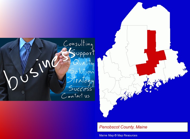 typical business services and concepts; Penobscot County, Maine highlighted in red on a map